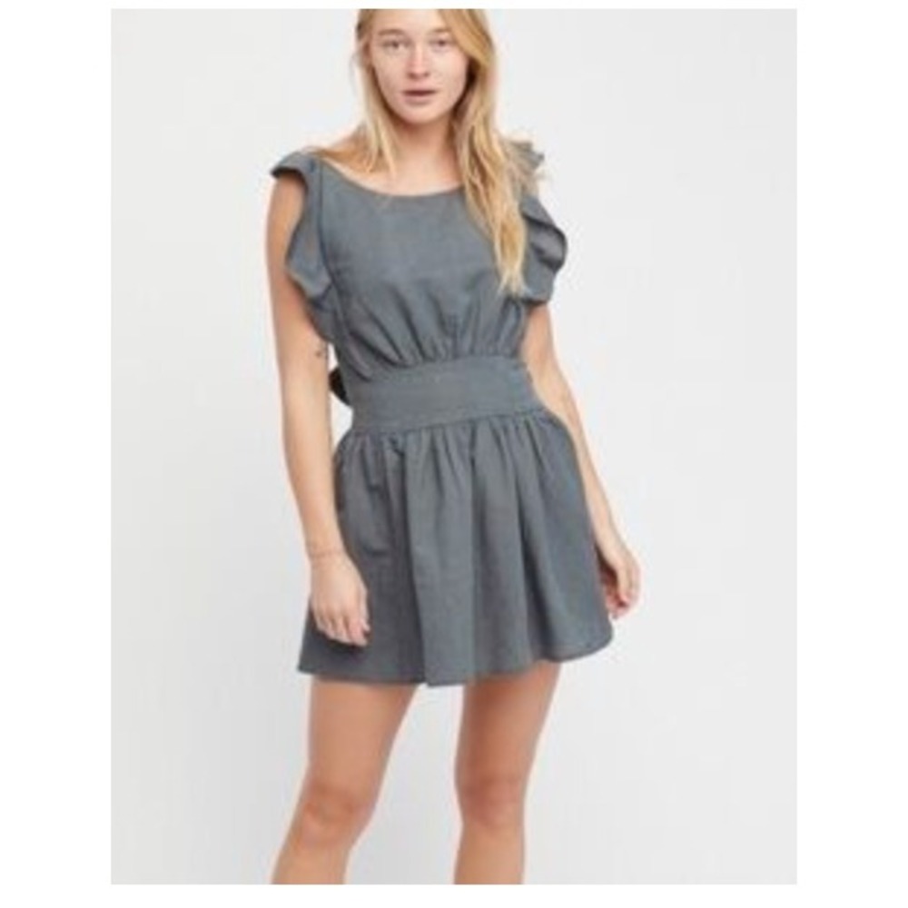 Free People Slate Blue Linen Blend Ruffle Tie Back Smocked Mini Dress Womens XS